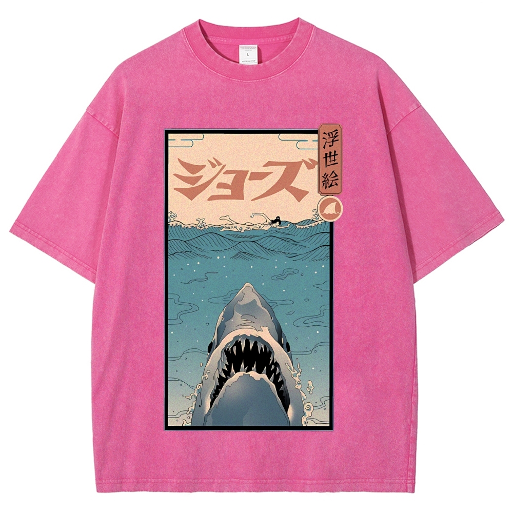 Ukiyoe Shark Jaws Vintage Wash Japanese Design T-Shirt