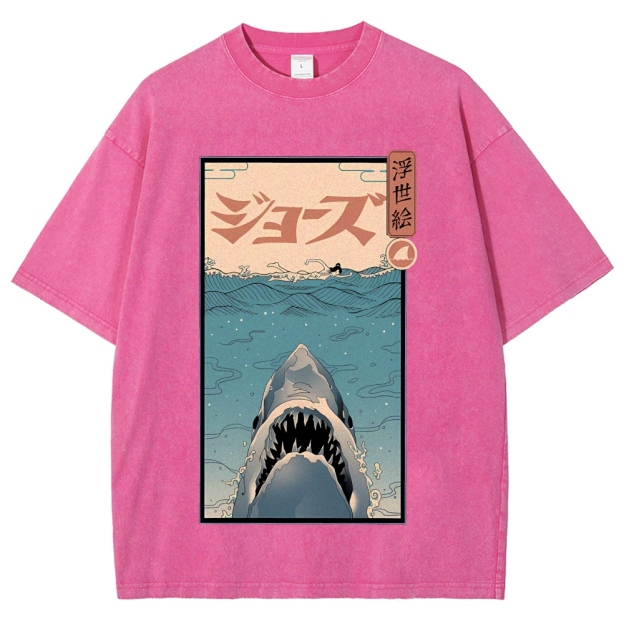 Ukiyoe Shark Jaws Vintage Wash Japanese Design T-Shirt