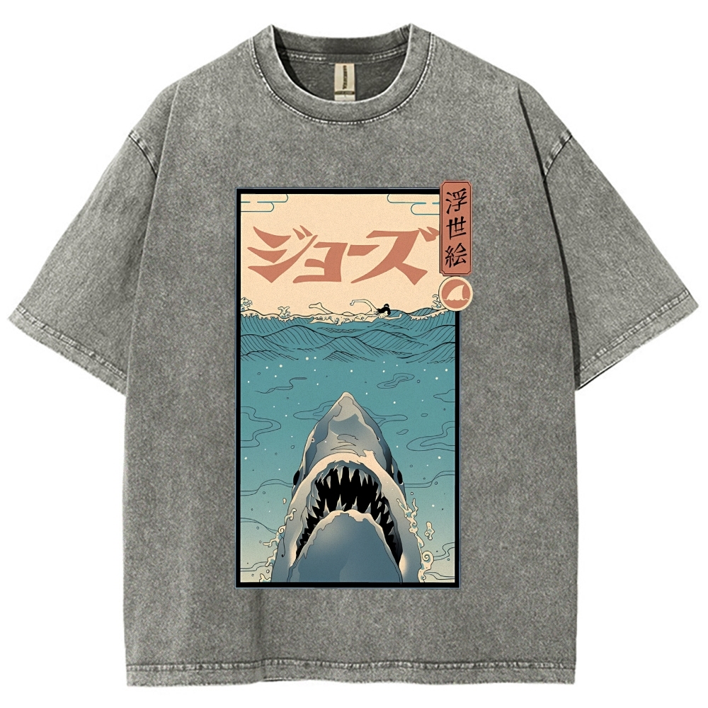 Ukiyoe Shark Jaws Vintage Wash Japanese Design T-Shirt