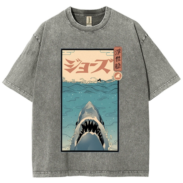 Ukiyoe Shark Jaws Vintage Wash Japanese Design T-Shirt