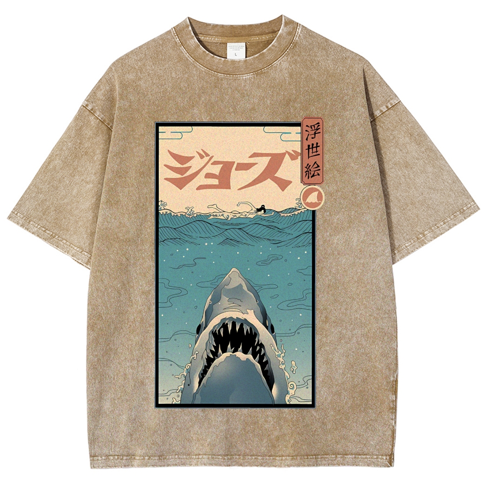 Ukiyoe Shark Jaws Vintage Wash Japanese Design T-Shirt