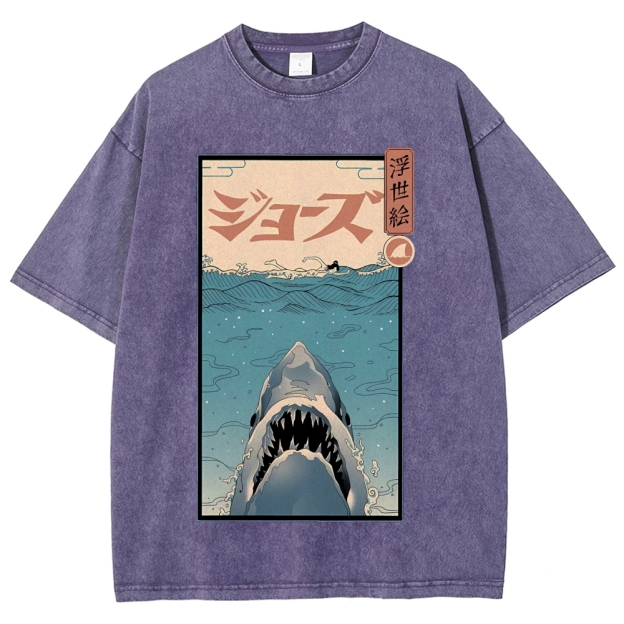 Ukiyoe Shark Jaws Vintage Wash Japanese Design T-Shirt