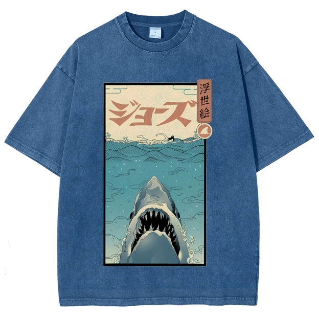 Ukiyoe Shark Jaws Vintage Wash Japanese Design T-Shirt