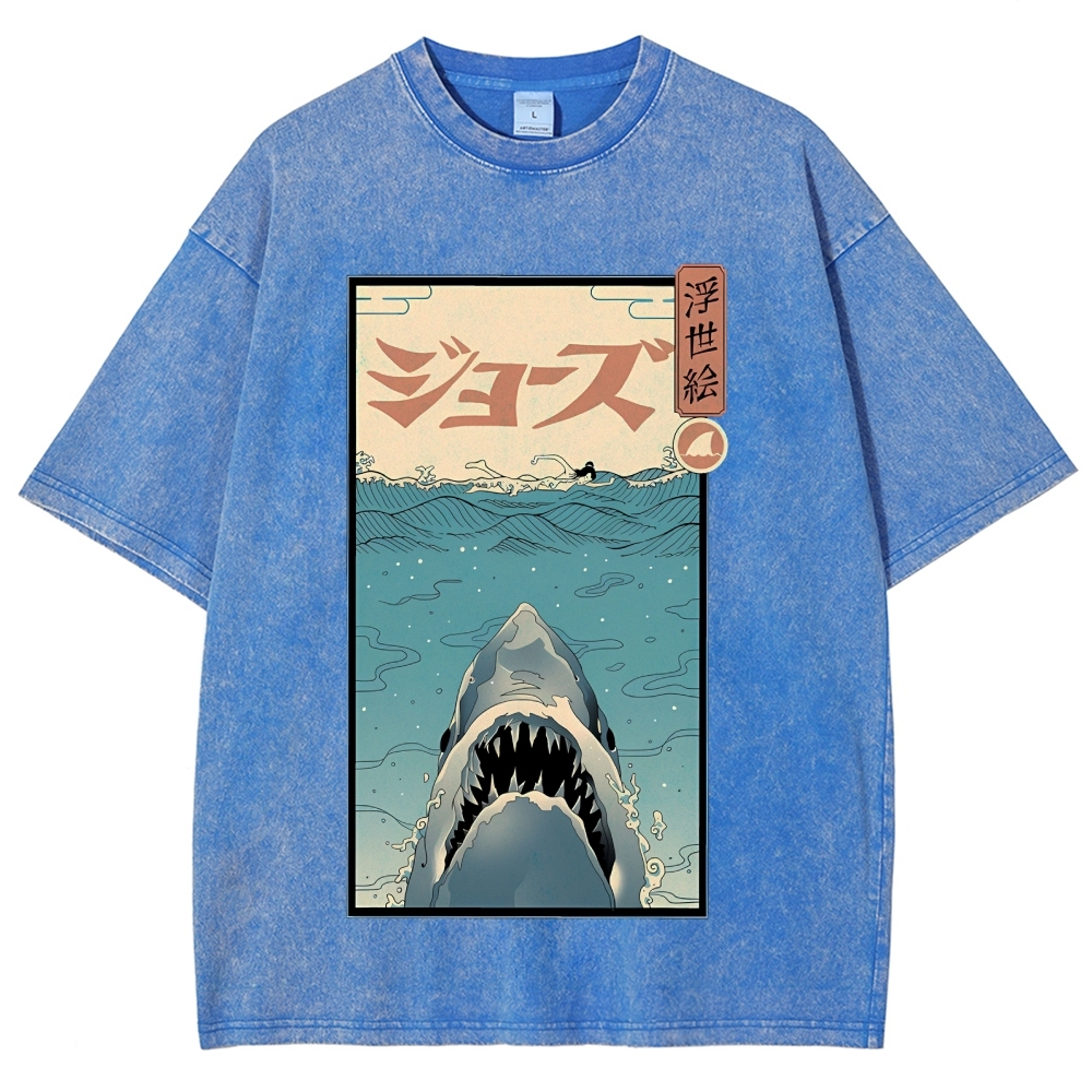 Ukiyoe Shark Jaws Vintage Wash Japanese Design T-Shirt