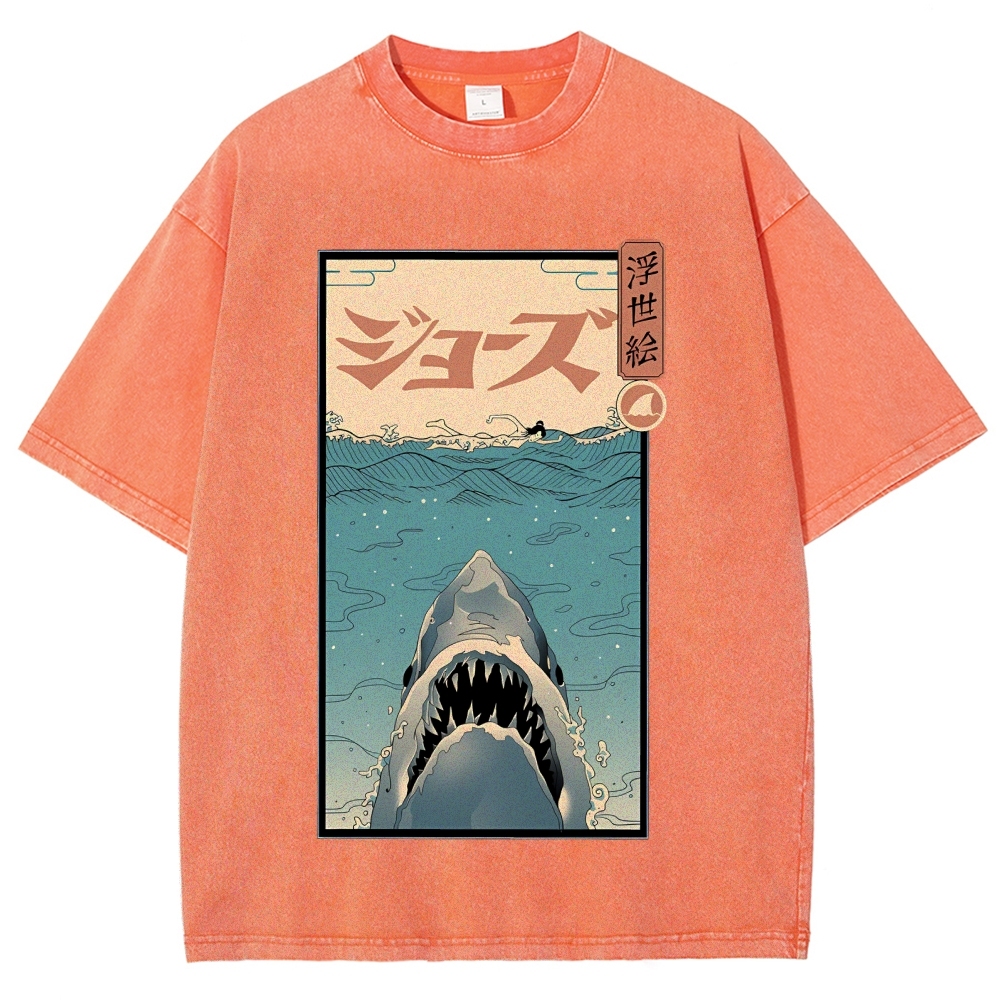 Ukiyoe Shark Jaws Vintage Wash Japanese Design T-Shirt