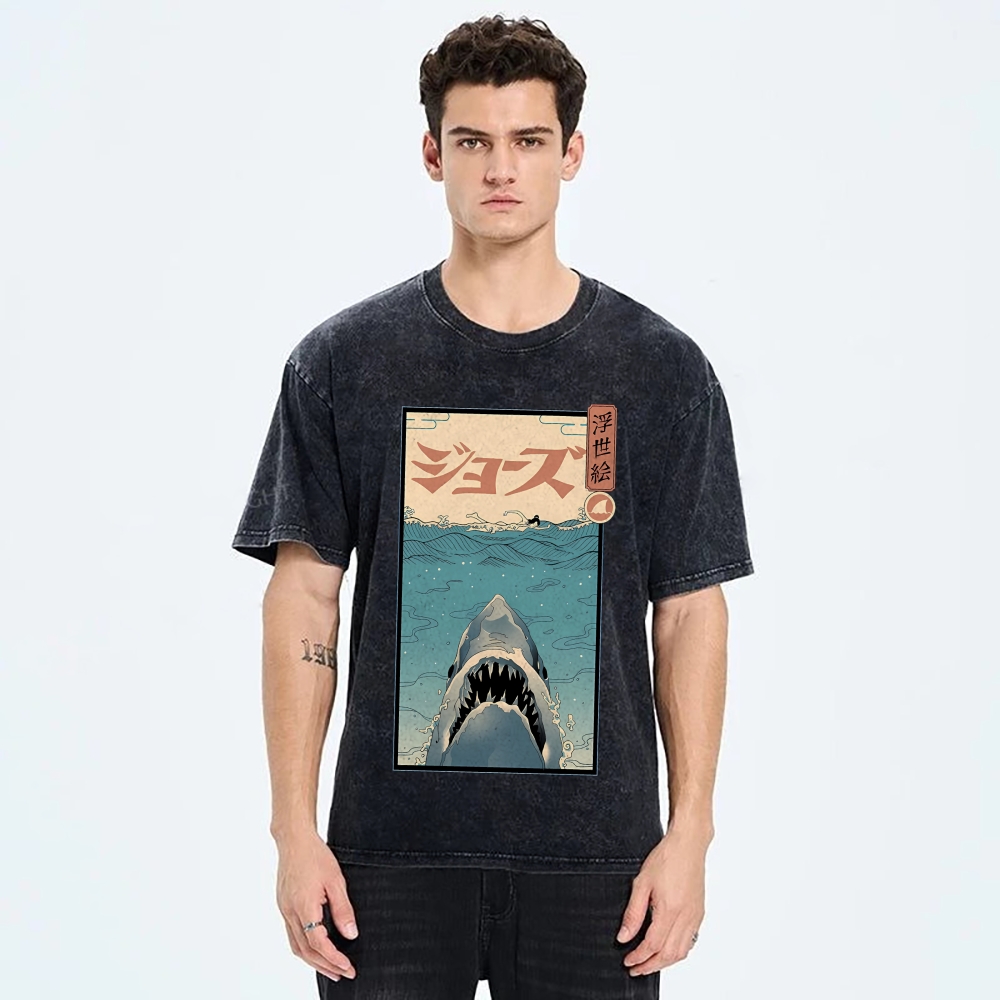 Ukiyoe Shark Jaws Vintage Wash Japanese Design T-Shirt