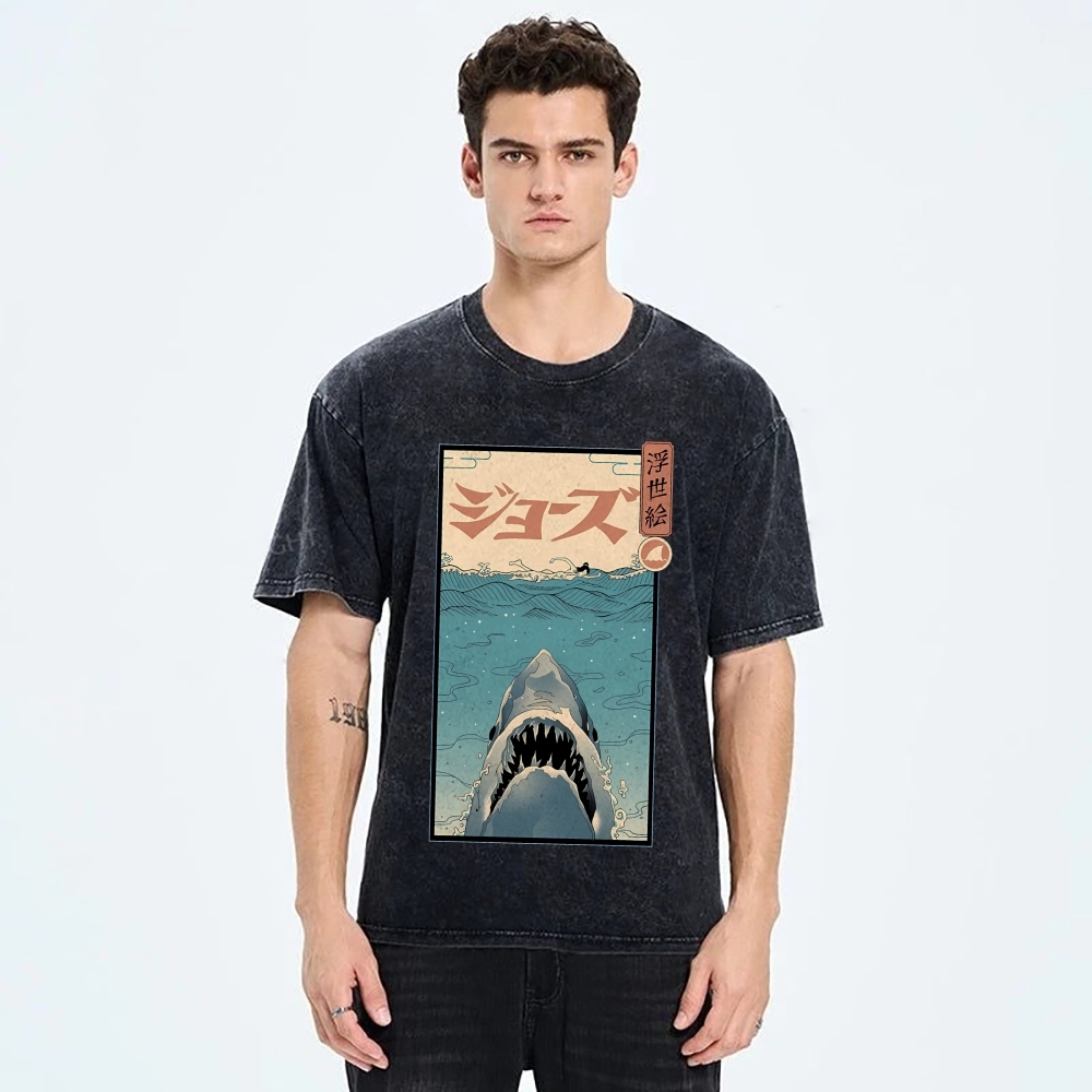 Ukiyoe Shark Jaws Vintage Wash Japanese Design T-Shirt