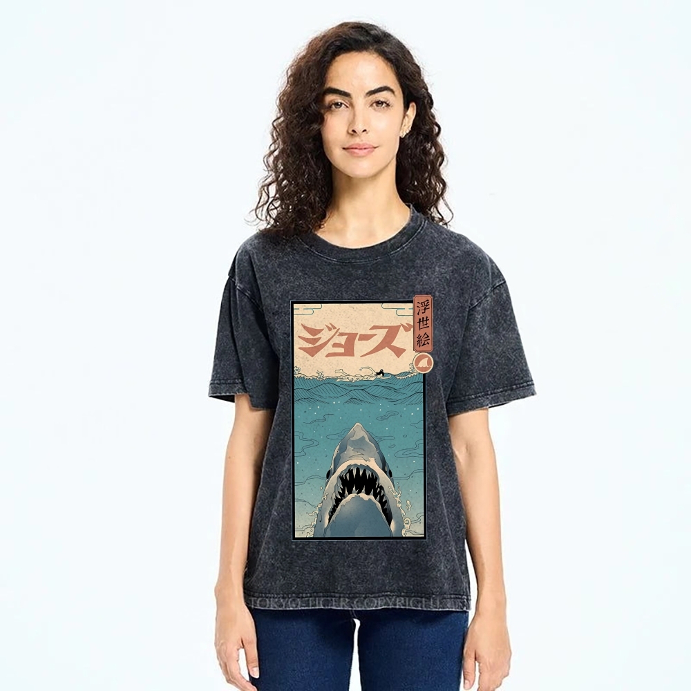 Ukiyoe Shark Jaws Vintage Wash Japanese Design T-Shirt