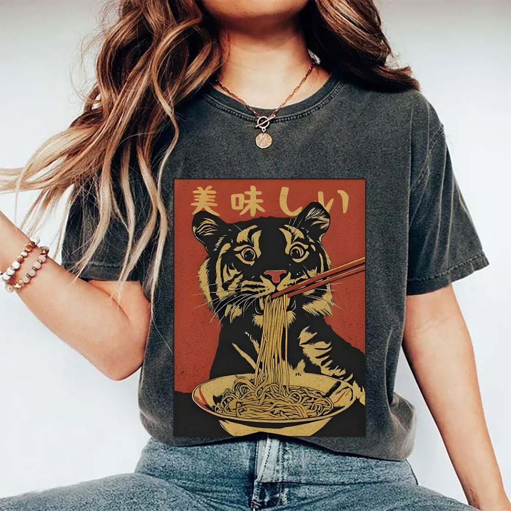 Tiger Eating Delicious Ramen Washed T-Shirt