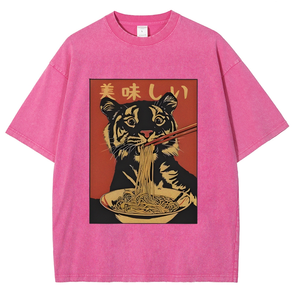 Tiger Eating Delicious Ramen Washed T-Shirt