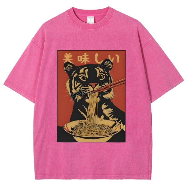 Tiger Eating Delicious Ramen Washed T-Shirt