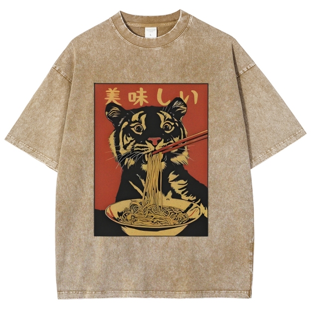 Tiger Eating Delicious Ramen Washed T-Shirt