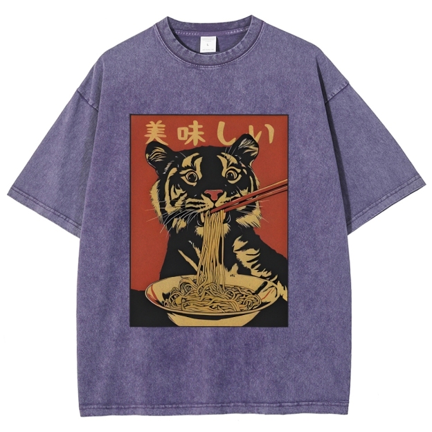 Tiger Eating Delicious Ramen Washed T-Shirt