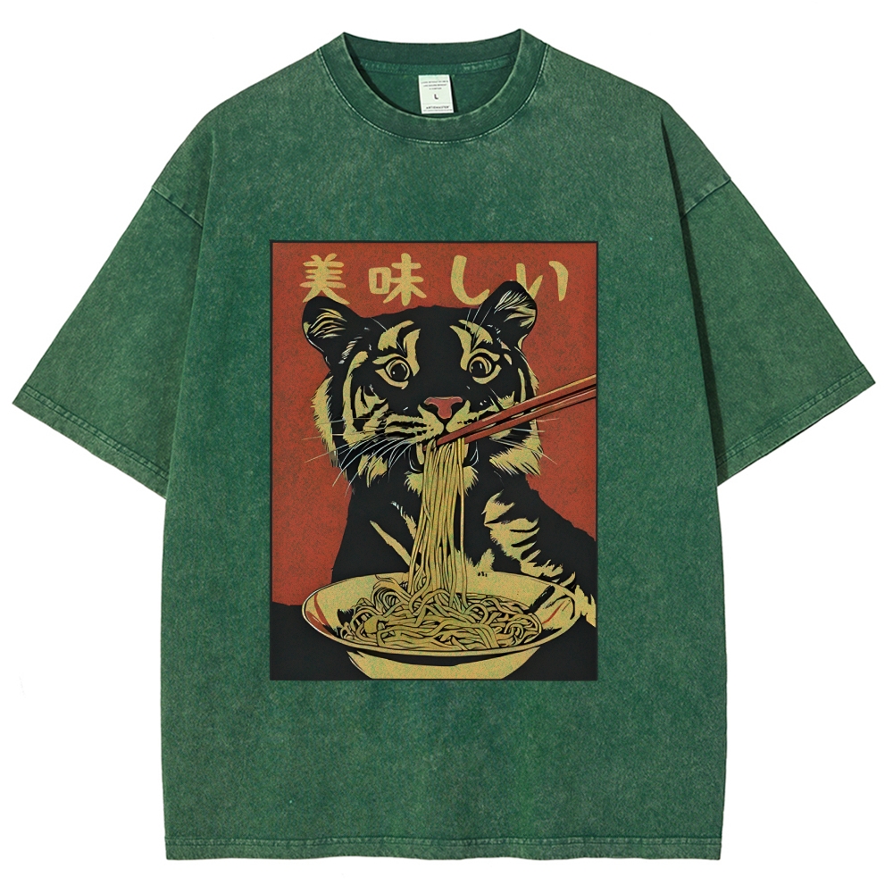Tiger Eating Delicious Ramen Washed T-Shirt
