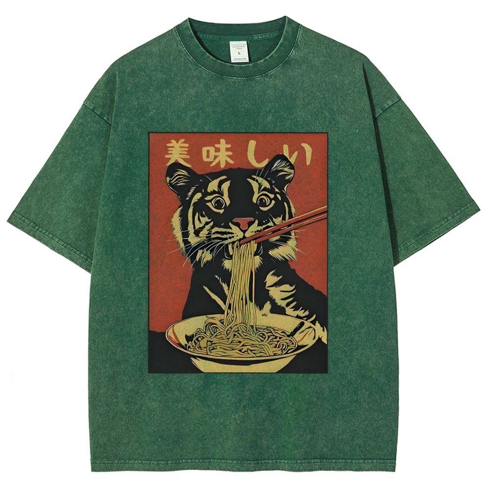 Tiger Eating Delicious Ramen Washed T-Shirt