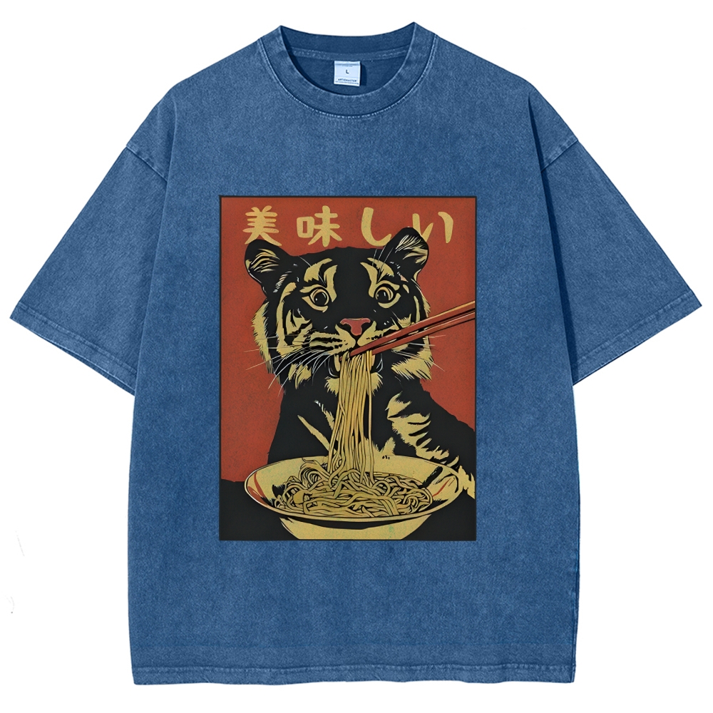 Tiger Eating Delicious Ramen Washed T-Shirt