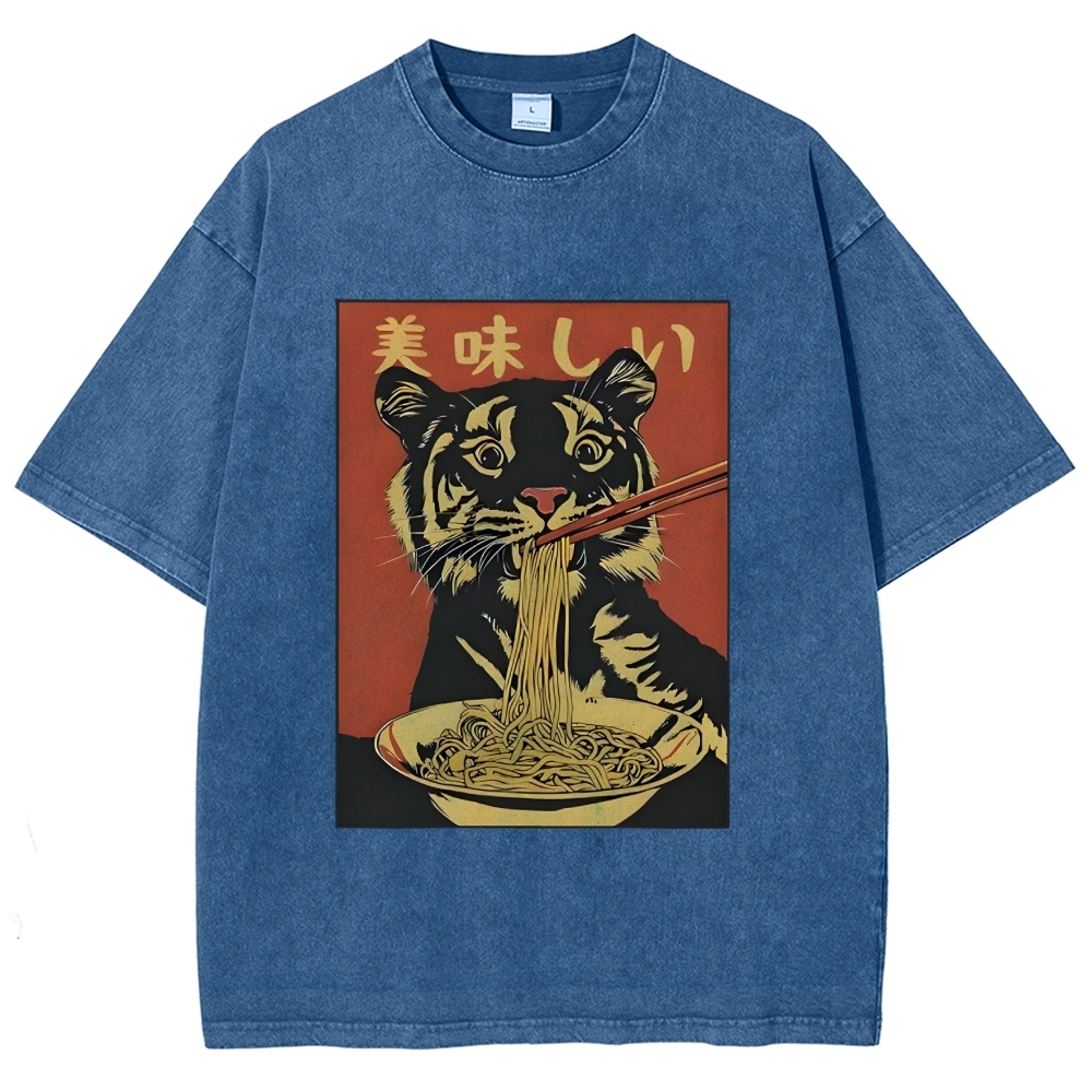 Tiger Eating Delicious Ramen Washed T-Shirt