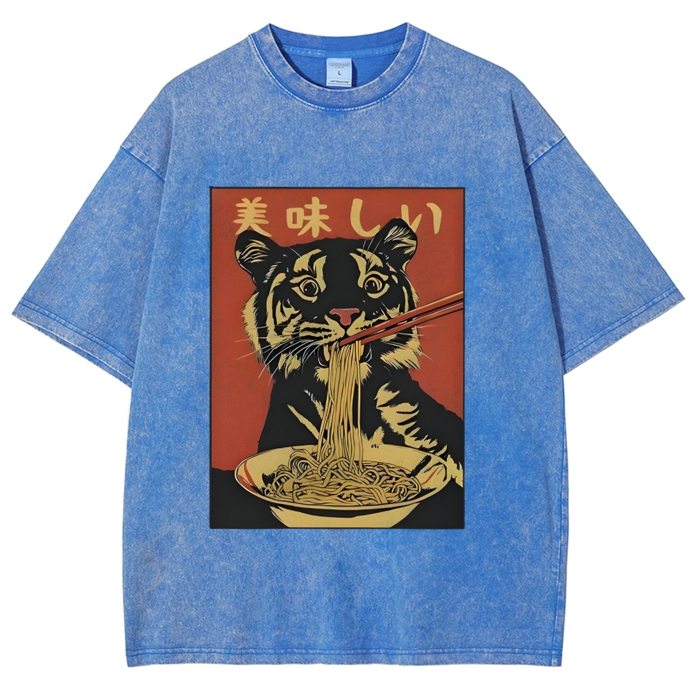 Tiger Eating Delicious Ramen Washed T-Shirt