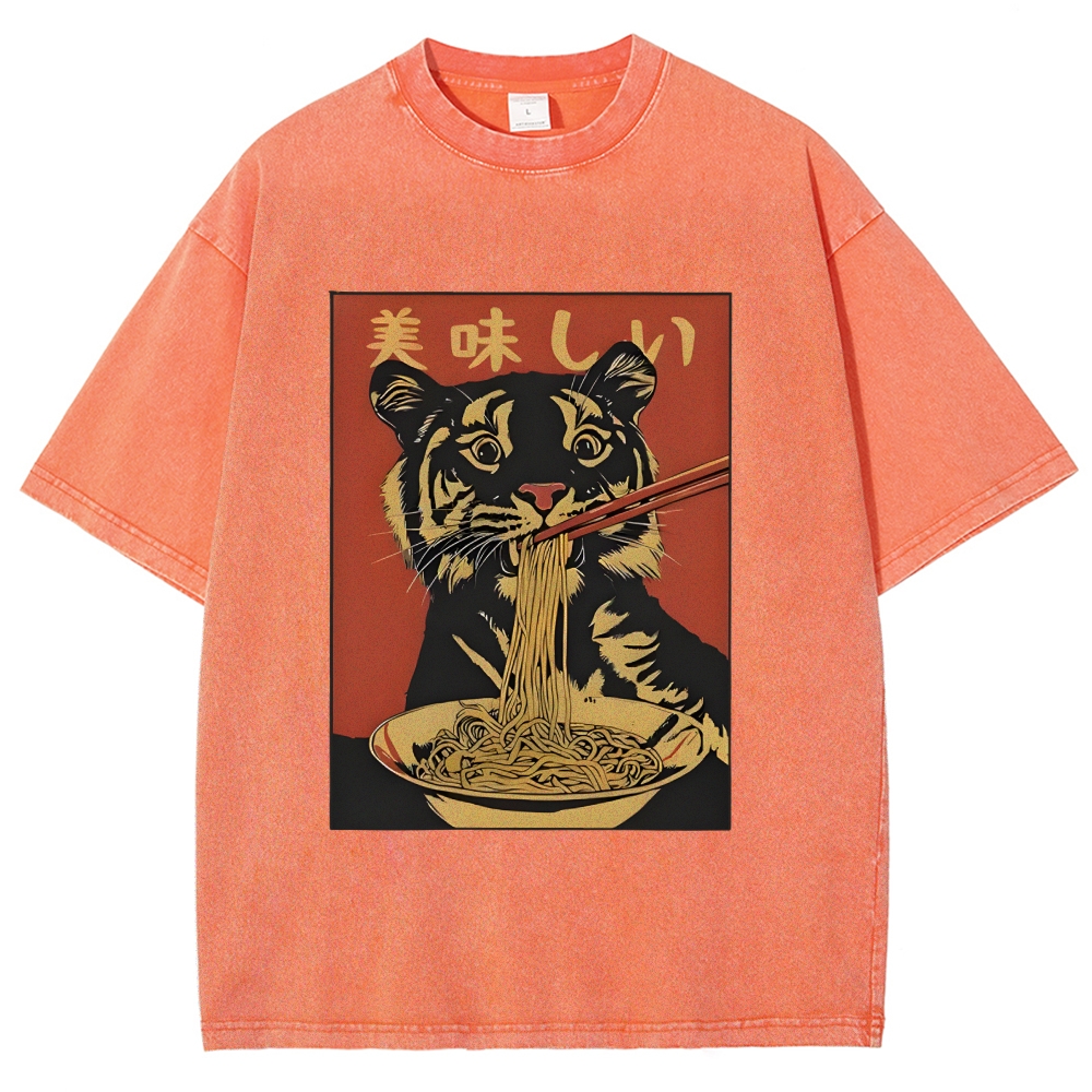 Tiger Eating Delicious Ramen Washed T-Shirt