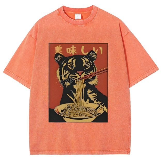Tiger Eating Delicious Ramen Washed T-Shirt
