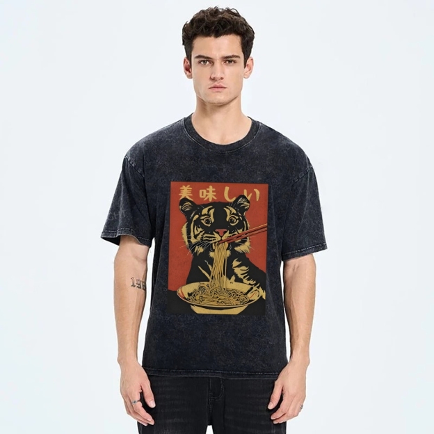 Tiger Eating Delicious Ramen Washed T-Shirt