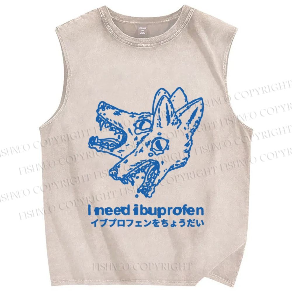 Unisex I need ibuprofen Wolf Vintage Printed Washed Tank Top