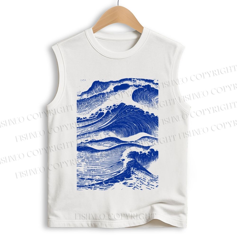 Unisex Vintage Japanese Wave Printed Cotton Tank Top