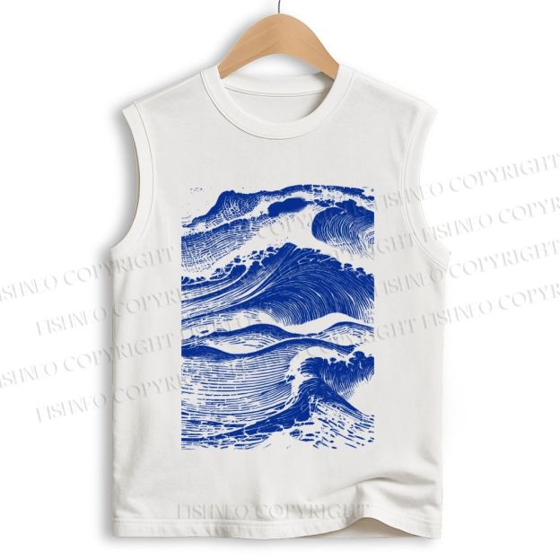 Unisex Vintage Japanese Wave Printed Cotton Tank Top