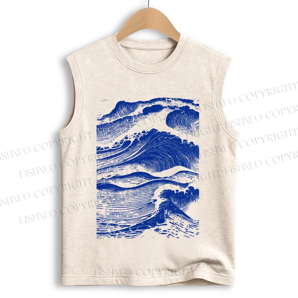 Unisex Vintage Japanese Wave Printed Cotton Tank Top