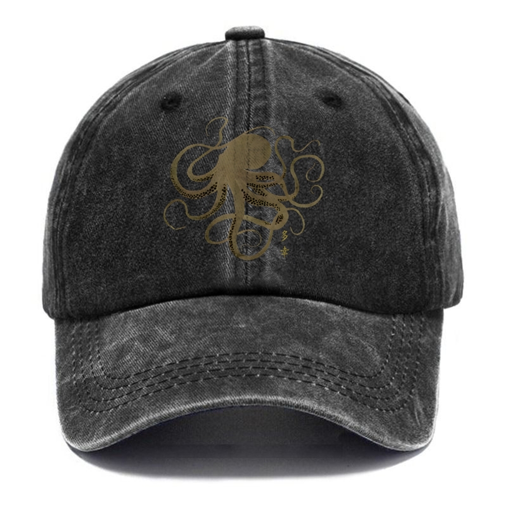 Octopus Japanese Gold Print Tattoo Washed Cap
