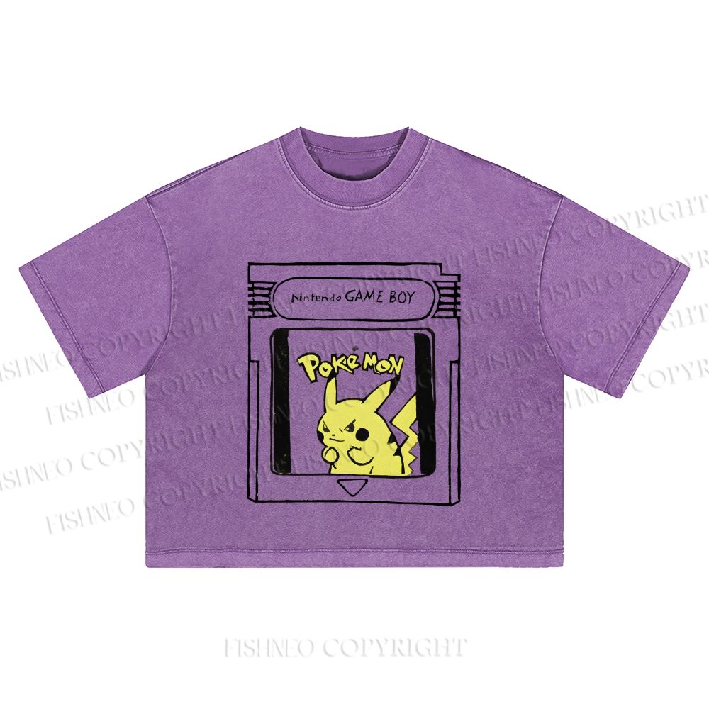 Pikachu Printed Washed Cropped T-Shirt