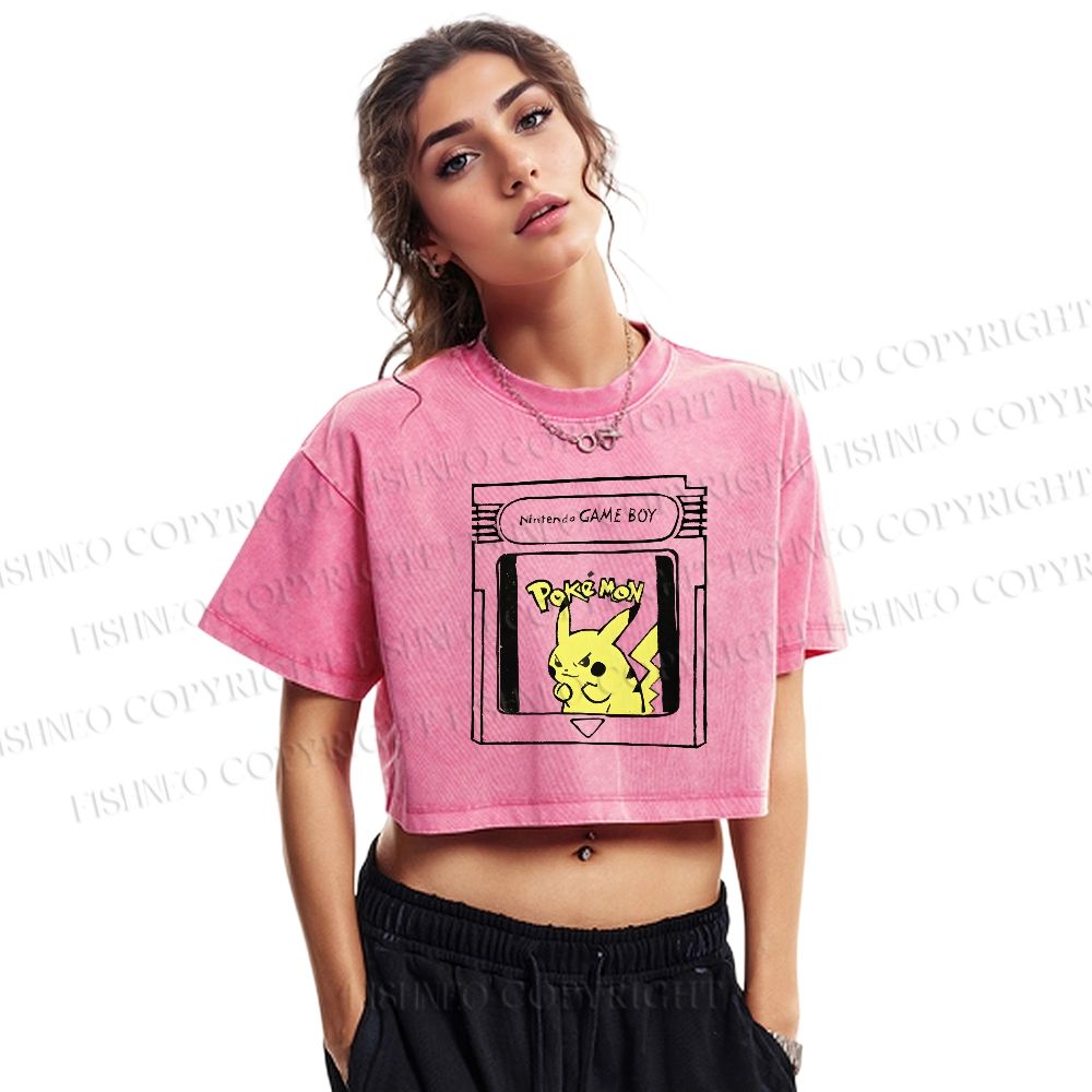 Pikachu Printed Washed Cropped T-Shirt