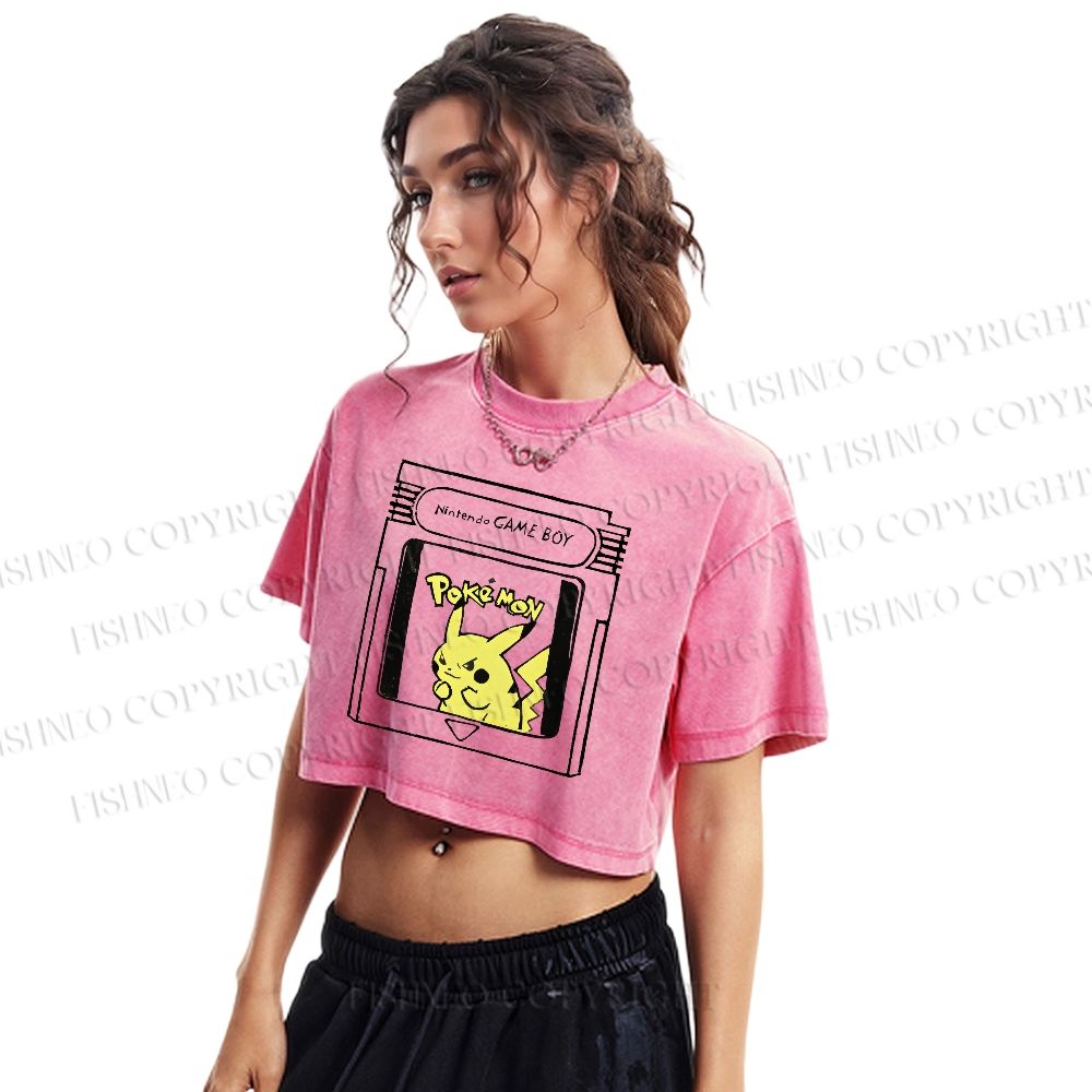 Pikachu Printed Washed Cropped T-Shirt