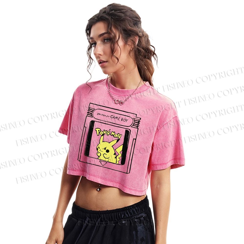 Pikachu Printed Washed Cropped T-Shirt