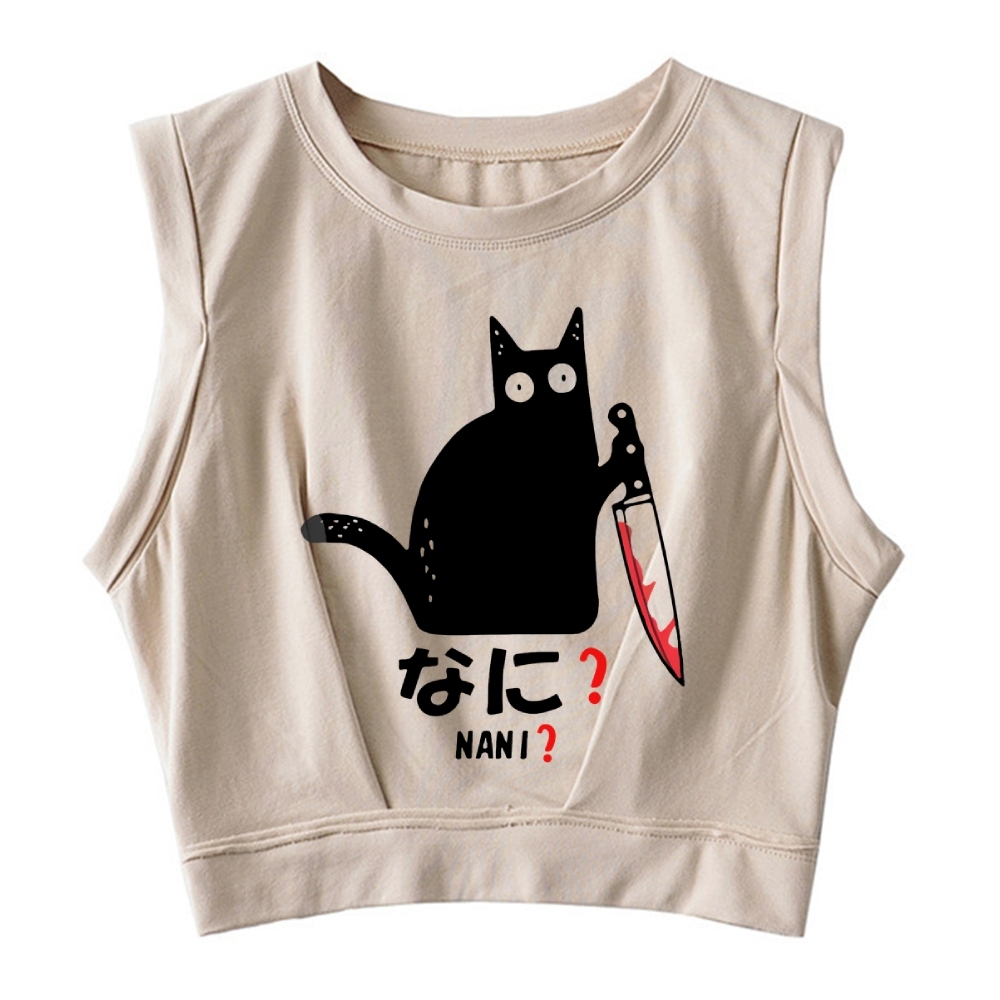A Puzzled Cat Holding A Knife Sleeveless Crop Top