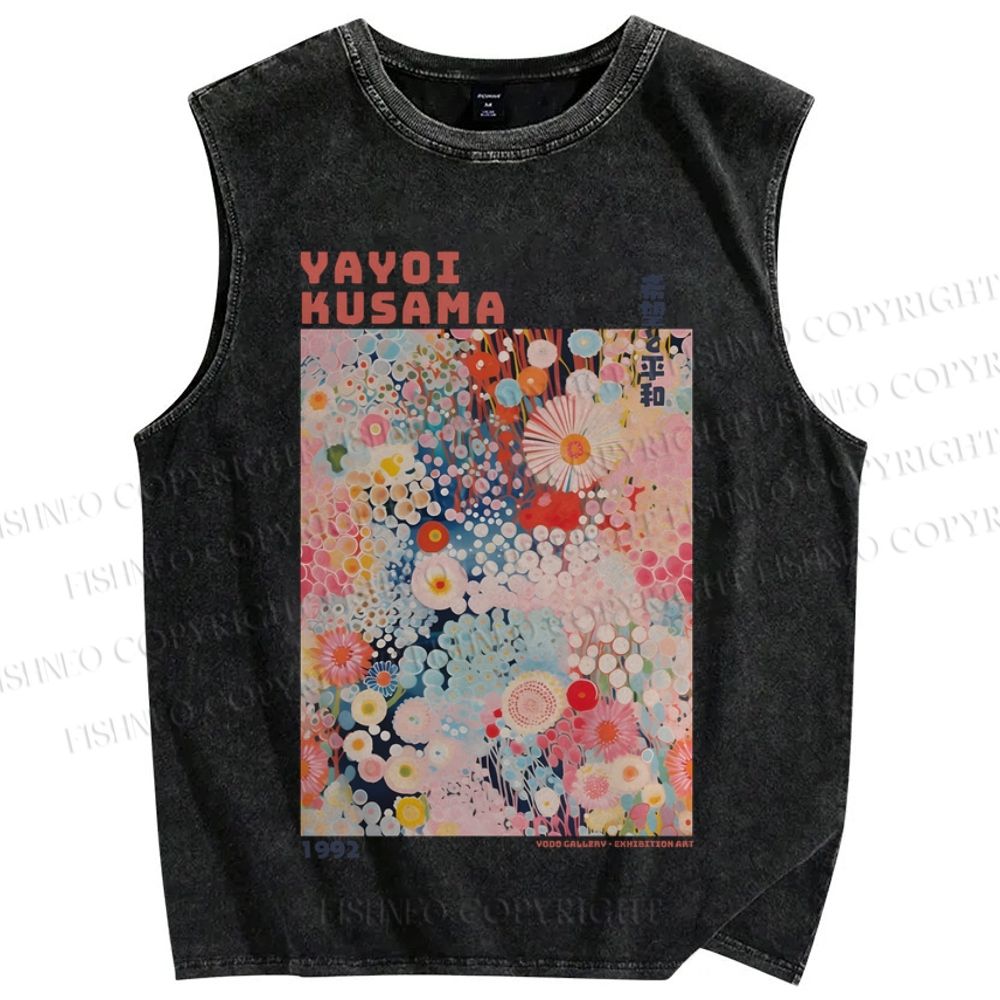 Unisex Japanese Flower Yayoi Kusama Printed Washed Tank Top