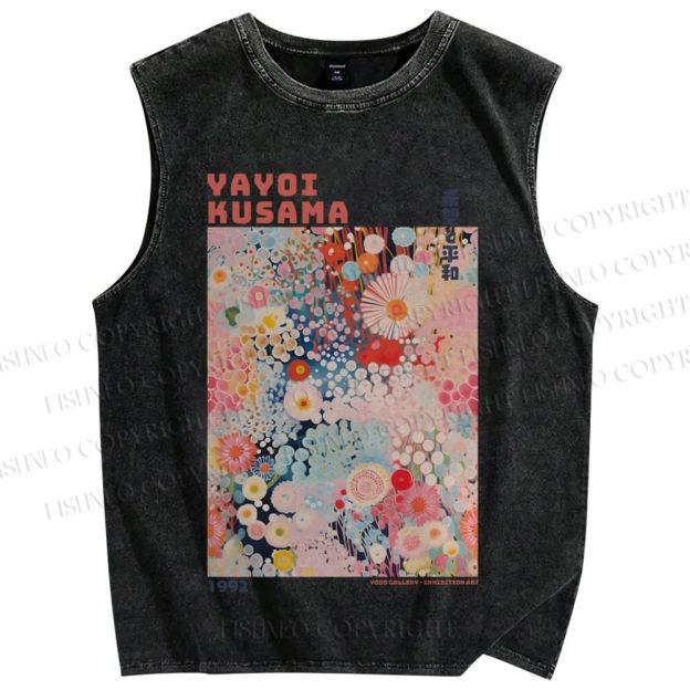 Unisex Japanese Flower Yayoi Kusama Printed Washed Tank Top
