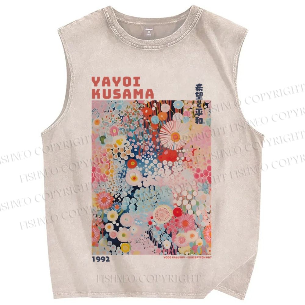 Unisex Japanese Flower Yayoi Kusama Printed Washed Tank Top