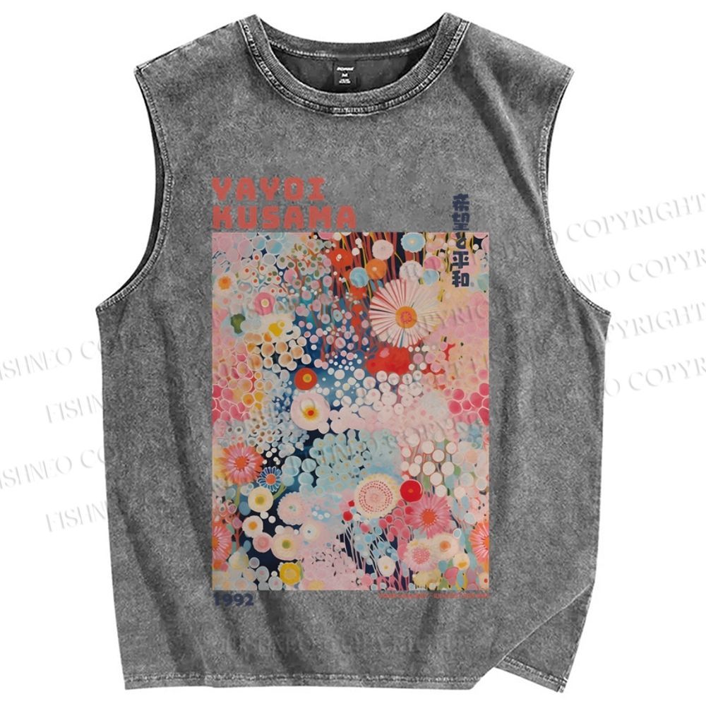 Unisex Japanese Flower Yayoi Kusama Printed Washed Tank Top