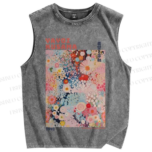 Unisex Japanese Flower Yayoi Kusama Printed Washed Tank Top