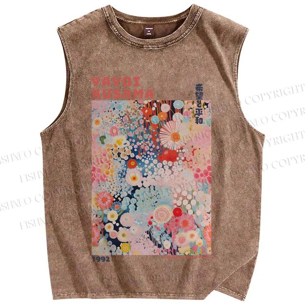 Unisex Japanese Flower Yayoi Kusama Printed Washed Tank Top