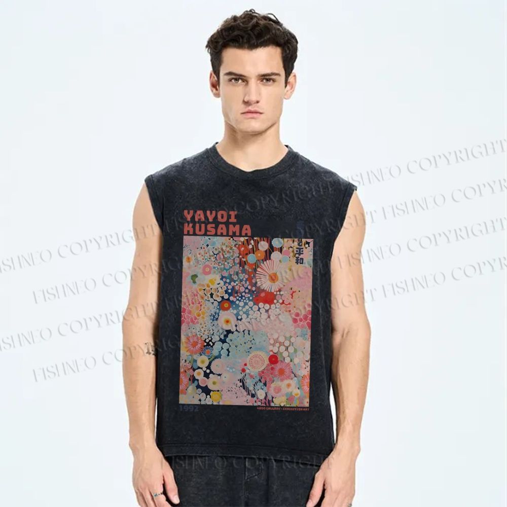 Unisex Japanese Flower Yayoi Kusama Printed Washed Tank Top