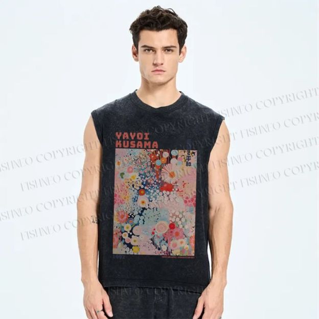 Unisex Japanese Flower Yayoi Kusama Printed Washed Tank Top