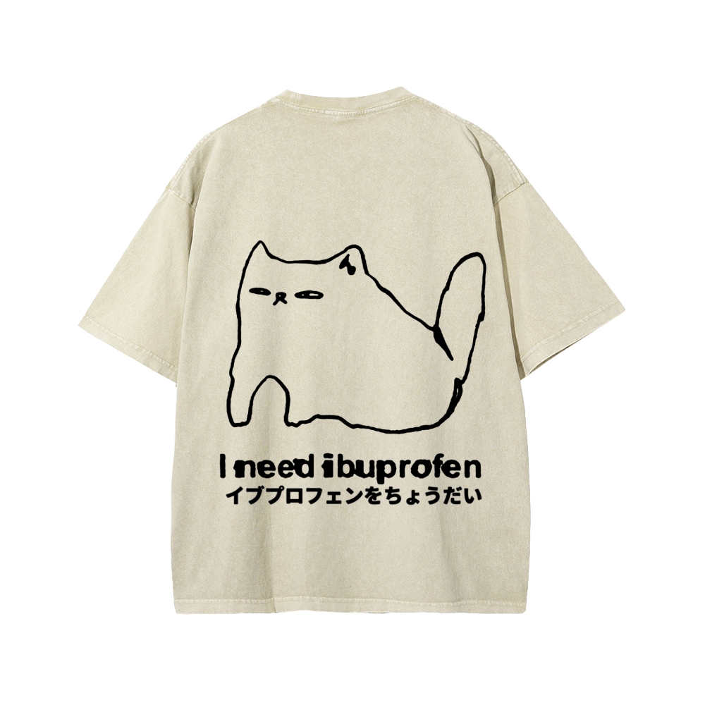 Unisex I need ibuprofen Cat Vintage Distressed Front And Back Printed Washed Tee