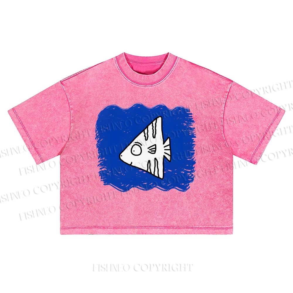 Wave Fish Printed Washed Cropped T-Shirt