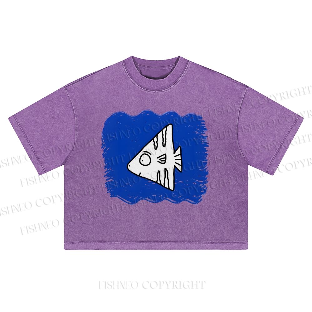 Wave Fish Printed Washed Cropped T-Shirt