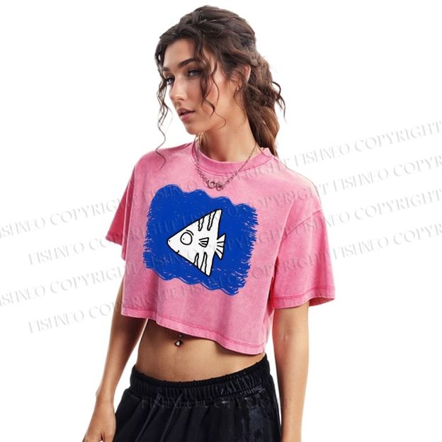 Wave Fish Printed Washed Cropped T-Shirt