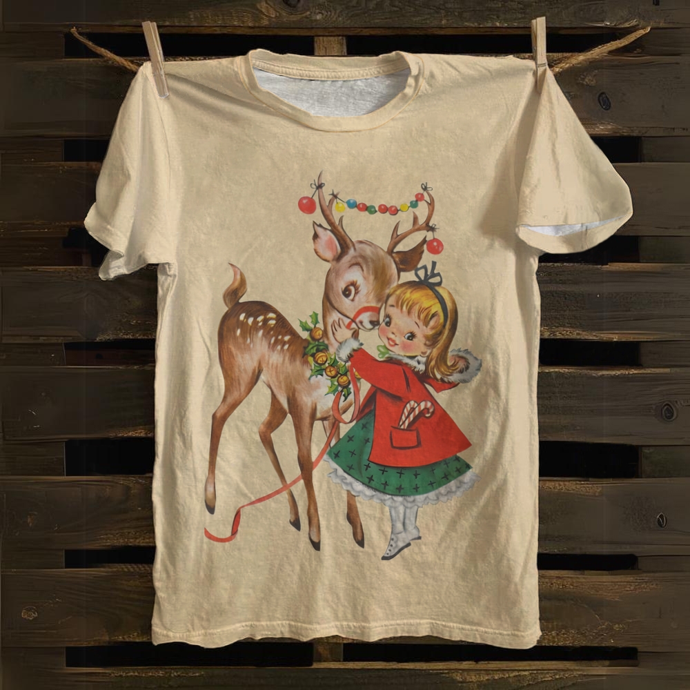 Retro Christmas Print Round Neck Short Sleeve T-Shirt