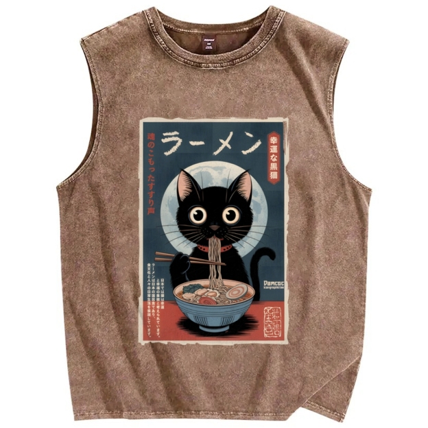 Black Cat Eating Ramen Vintage Distressed Washed Tank Top