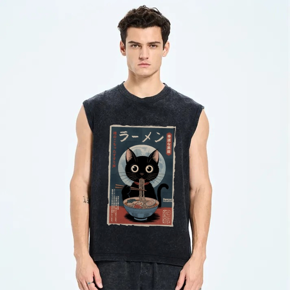 Black Cat Eating Ramen Vintage Distressed Washed Tank Top
